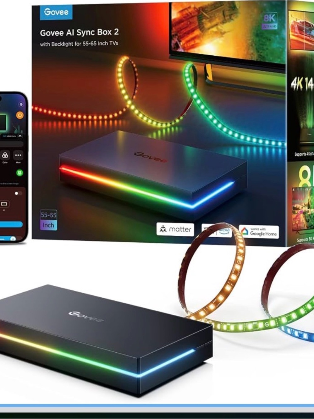 Govee HDMI 2.1 AI Sync Box 2, 8K/4K @144Hz, RGBWIC for 55-65 Inch TVs